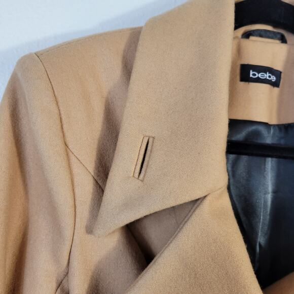 BEBE Blazer Women's XS Camel Wool Blend Tulip Hem Fitted Jacket Button Detail - Picture 10 of 13